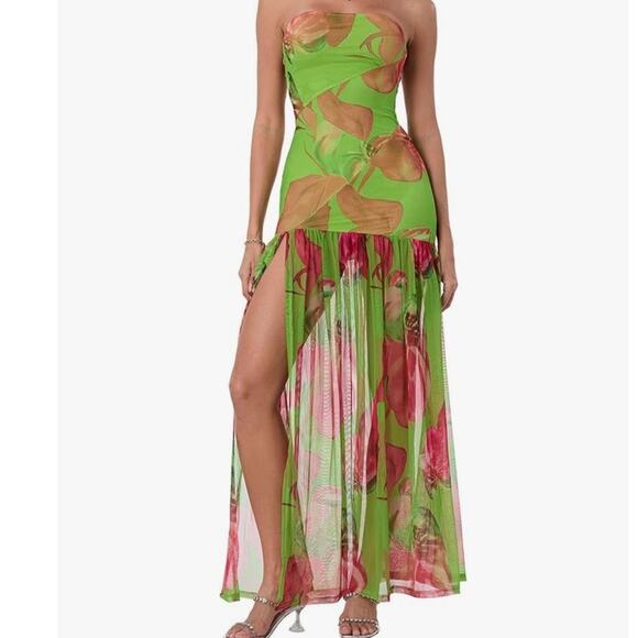 Green Floral Strapless Backless Sheer Mesh Side Slit Maxi Dress Sz S - Picture 1 of 12